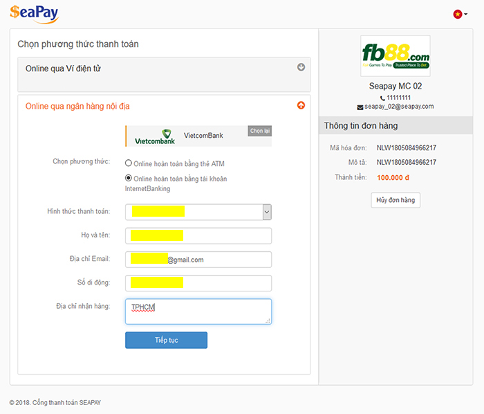 Gửi tiền vào tài khoản cá cược trực tuyến FB88 bằng ví điện tử Ngân Lượng nap the ngan luong choi ca cuoc fb88